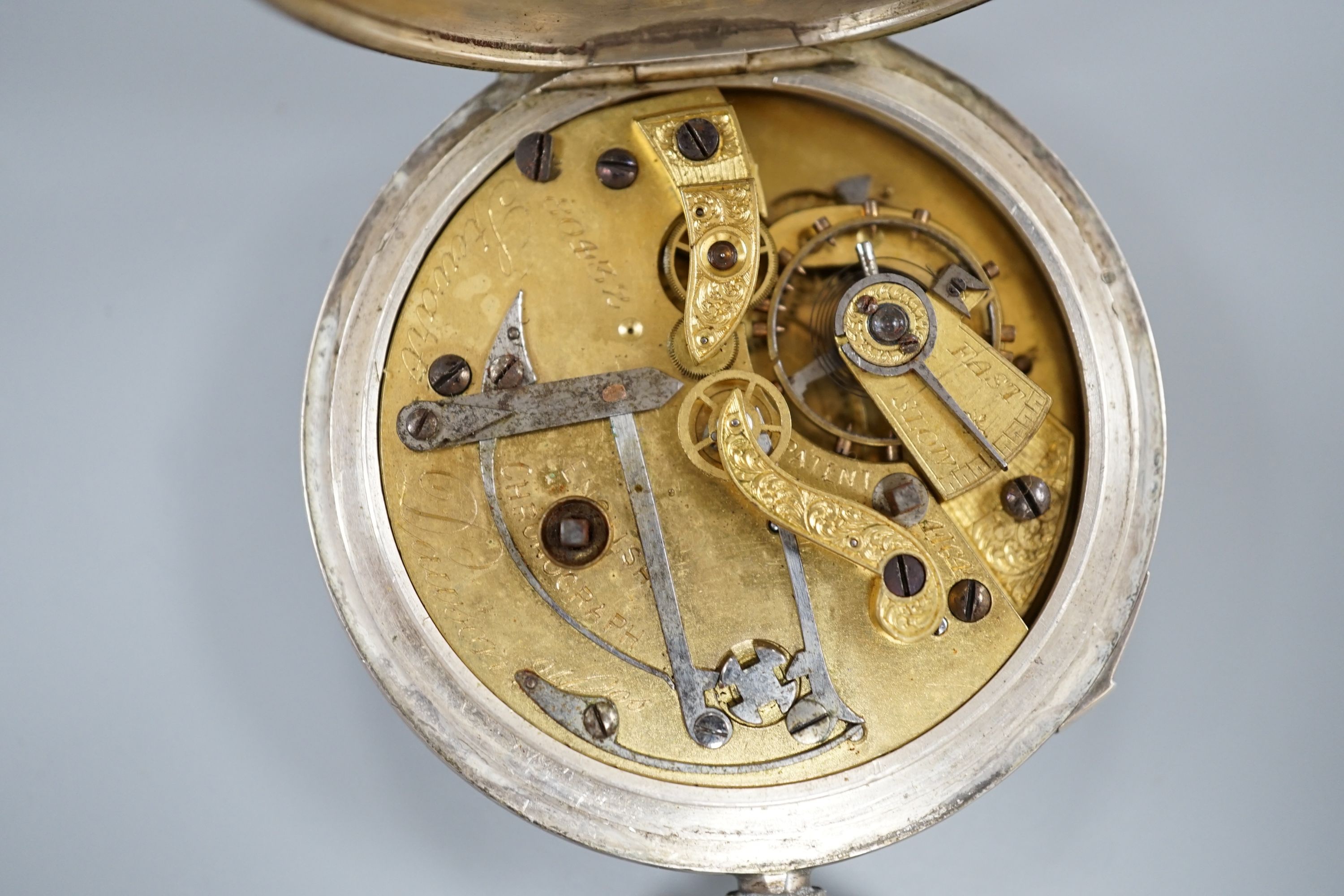 A late Victorian silver open face chronograph pocket watch, by Stewart Dawson & Sons, cased diameter 53mm.